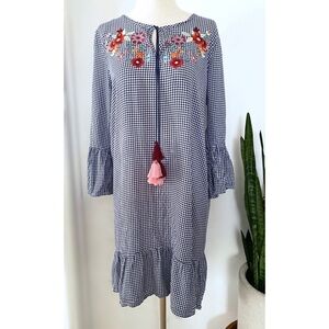 Modcloth Tassel Gingham Floral Embroidery Dress M​​​​​